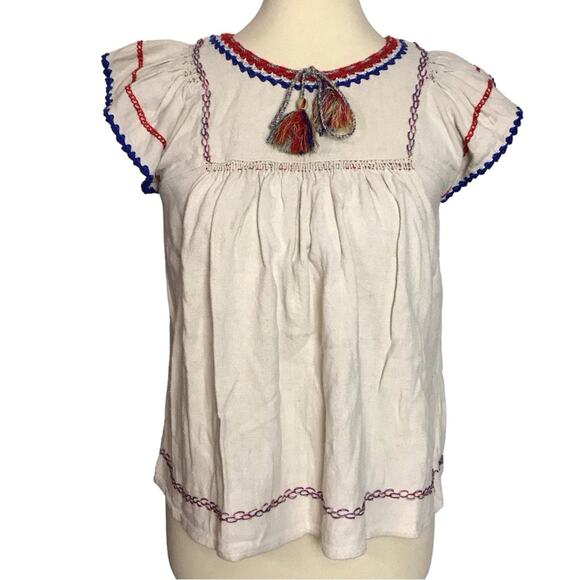 Ulla Johnson Katya Natural Crochet Embroidered Red Blue Ivory Silk Knit Blouse 2 - Picture 1 of 15